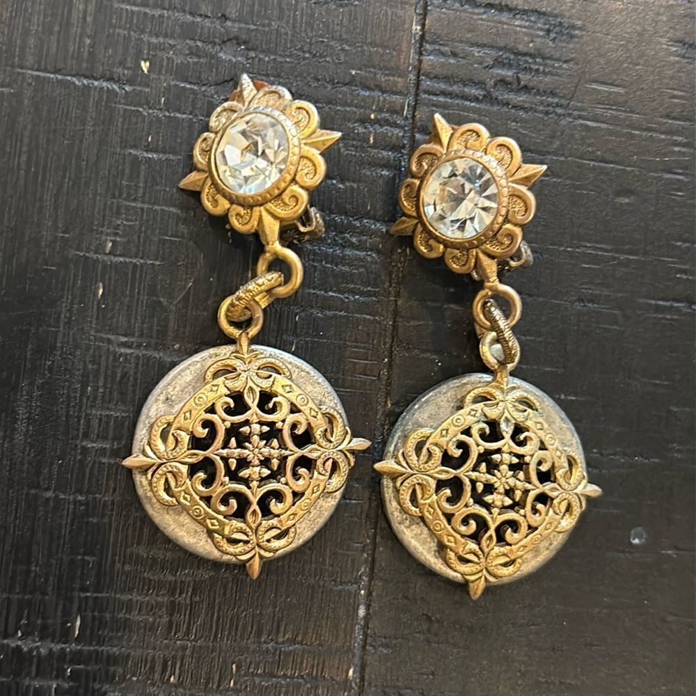 Vintage Victorian Stone Clip On Drop Dangle Earrings